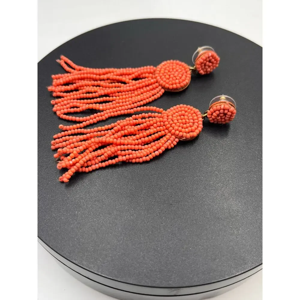 J. Crew Beaded Light Coral‎ Orange Tassel Fringe Long Summer Spring Earrings
